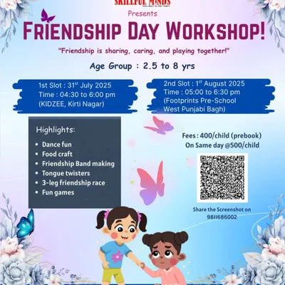 Friendship is sharing, caring, and playing together. Our Friendship Day workshop poster invites kids for a day of dance, food craft, friendship band making, and fun games.