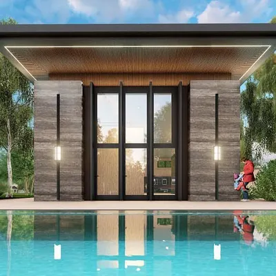 A 3D visualization of a modern clubhouse entrance reflected in the swimming pool. The design uses natural stone textures and clean lines to create a sophisticated and relaxing atmosphere.