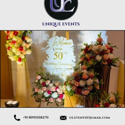 For this golden anniversary, I created a custom welcome sign that became a centerpiece of the decor. The design features beautiful script and is surrounded by lush floral arrangements, warmly greeting guests to the celebration.