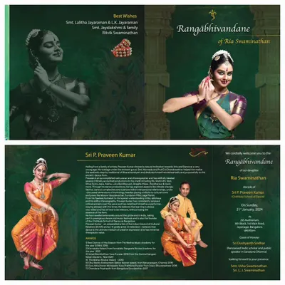 The invitation for my student Ria's Rangaabhivandane. Each debut is a celebration of a student's hard work and dedication, and it is my privilege to guide them.