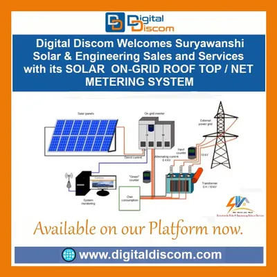We facilitate the adoption of renewable energy with complete system solutions. This diagram shows a Solar On-Grid Rooftop system from Suryawanshi Solar, illustrating how components like solar panels, on-grid inverters, and system monitoring tools integrate with the external power grid.