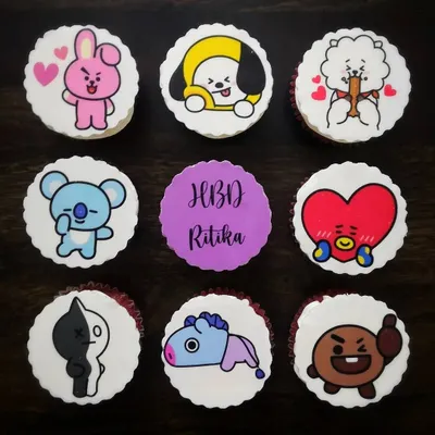 For the BTS ARMY! This custom birthday set features all the adorable BT21 characters on edible printed toppers. Each character, from Cooky to Chimmy, is represented in this colourful and fun gift box for a true fan.