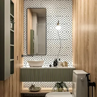 This compact bathroom combines bold geometric tiles with warm wood textures. The floating vanity and under-cabinet lighting make the room feel larger and more open.