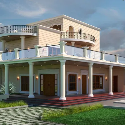This proposed farmhouse design has a grand, colonial-inspired aesthetic with classical columns, a large terrace, and arched balconies. The layout is designed for expansive living, complete with a poolside area.
