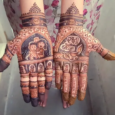 This Rakshabandhan design is a perfect example of custom figure work. I drew a portrait of the client with her brother to capture a special memory right on her hand, complete with their names.