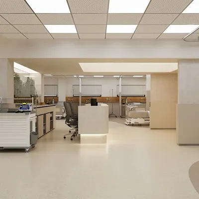 This wide view of an ICU layout shows the central nursing station, designed for clear sightlines to all patient bays. The open, uncluttered floor plan ensures medical teams can move quickly and efficiently during critical situations.