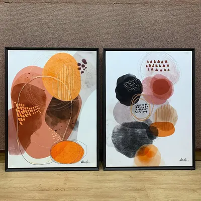 This pair of minimalist abstract artworks makes a sophisticated statement. Framed in our dark veneer wood floater frames, the 24x32 inch canvases appear to float, adding depth and a modern touch to any wall.