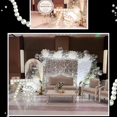 The main stage for a 75th birthday, designed with a silver glam theme. This setup includes a full sequin wall, an organic balloon arch, comfortable lounge seating for the guests of honor, and large light-up marquee numbers.