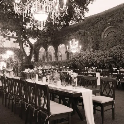 The magical ambiance of an outdoor reception, set under a canopy of trees and a grand chandelier. This sepia-toned image captures the elegant and timeless feel of the celebration at Gallops, Mumbai, just before the party began.