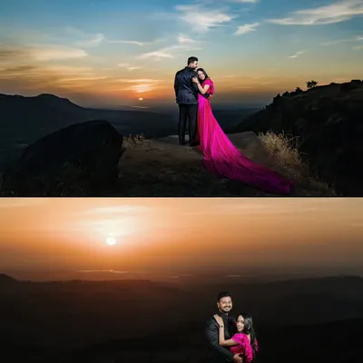 A collage of a dramatic pre-wedding shoot on a mountaintop. The vibrant pink gown with a long trail creates a stunning visual against the setting sun and expansive valley.