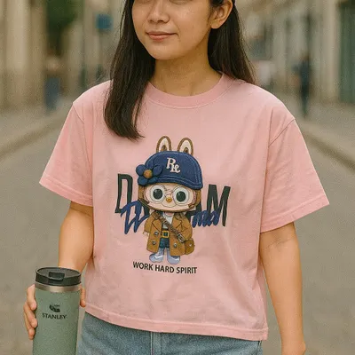 Express your ambitious side with our 'WORK HARD SPIRIT' graphic tee in a soft pink. This character apparel features a stylish Labubu ready to take on the day.