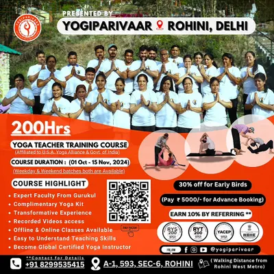 This poster details our comprehensive 200-hour Yoga Teacher Training course. We offer weekday and weekend batches, a complimentary yoga kit, and both offline and online learning options to fit your schedule.