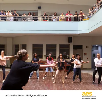 The "Arts in the Atrium" series is a joyful way to bring our community together. Here, students, staff, and parents learn Bollywood dance, celebrating movement, music, and the vibrant culture of India.