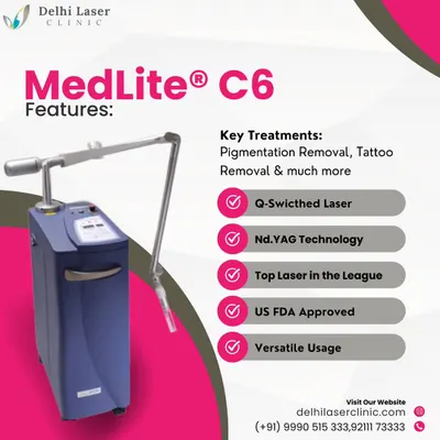 This infographic details the features of our Medlite C6 laser. It is a US FDA-approved Q-Switched Nd:YAG laser, which is the top technology for key treatments like pigmentation removal and tattoo removal.