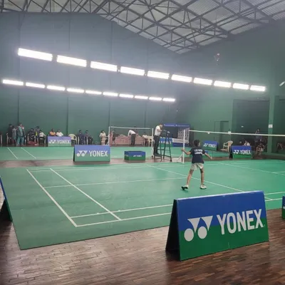 A view of the courts during the Yonex Sunrise Karnataka State Mini & Sub Junior Badminton Championship, hosted at our high-performance training center.