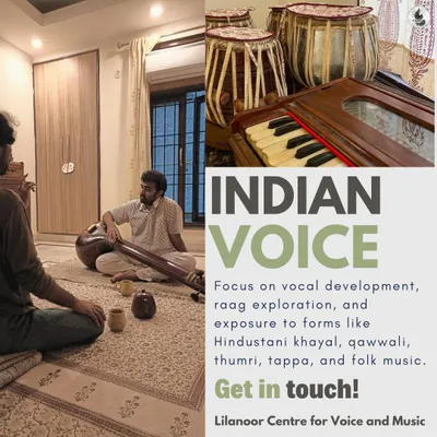 A glimpse into a Hindustani vocal session, where students are guided by an instructor on tanpura. Our program focuses on vocal development, raag exploration, and understanding various traditional forms.