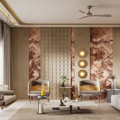 A closer look at the textural depth in this 6,000 sq. ft. residence. We juxtaposed dramatic stone panels with patterned walls and a playful swing, creating a dynamic yet harmonious living space.