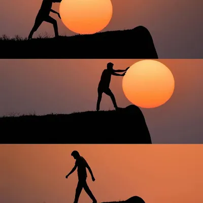 A creative triptych showing the silhouette of a man appearing to push the sun off a cliff. This is a clever use of forced perspective to tell a simple, powerful story.