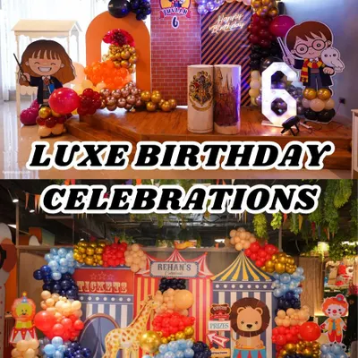 We can bring any theme to life. This collage showcases two incredible setups: a magical Harry Potter party on top and a vibrant Circus celebration on the bottom, demonstrating our versatility.