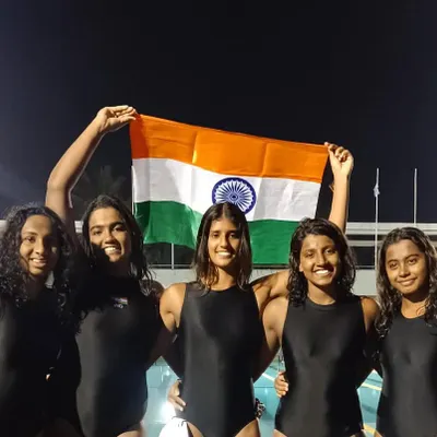 Five of our elite athletes holding the Indian flag high after their victory in the Indo-Sri Lanka U21 Water Polo Series. Their success on the international stage is a proud moment for our entire club.
