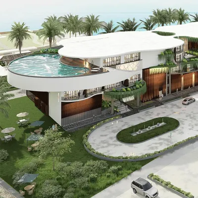 Presenting a vision for a luxury seaside hotel in Coastal Karnataka. The design, with its rooftop infinity pool and fluid, wave-like forms, is a visionary marvel poised to redefine hospitality and achieve a prestigious 5-star status.