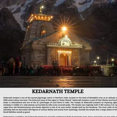 This poster shows the magnificent Kedarnath Temple, one of the twelve Jyotirlingas. My focused Kedarnath yatra is perfect for those who want a deep spiritual experience in a short time.