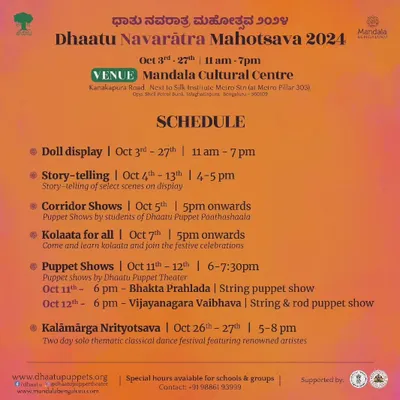 The complete schedule for the Dhaatu Navarātra Mahotsava 2024. This poster details the timings for the doll display, storytelling sessions, puppet shows, and the Kalāmārga Nrityotsava dance festival.