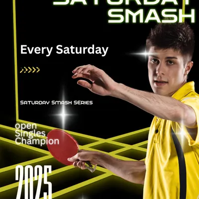 The official poster for our "Saturday Smash" weekly tournament series. We provide a platform for players of all levels to test their skills in a competitive setting.