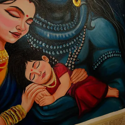 A close-up of my Shiv Parivar painting, focusing on the tender moment between Maa Parvati and their sleeping child, held securely in Mahadev's arms.