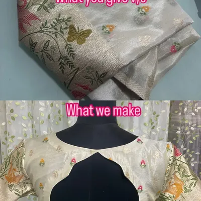 What you give vs. what we make. We used the butterfly motif and border from this organza saree to create a stunning blouse with a modern keyhole back.