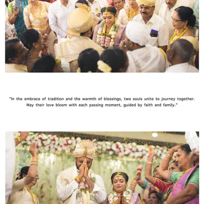 A collage capturing the essence of a South Indian wedding ceremony, with the couple surrounded by the love and blessings of their family.