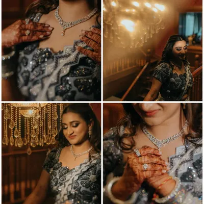 A collage of the bride enjoying her Sangeet night, showing off her jewelry and her happy smiles. We capture the details and the emotions of the evening.