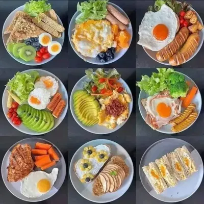 We offer a wide range of healthy and balanced breakfast plates. This collage shows various options, including eggs, sausages, avocado, fresh fruits, and whole-grain toast to start the day right.
