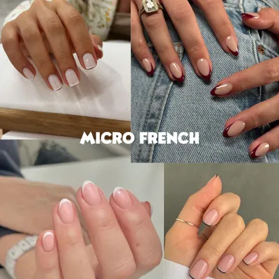 The micro-French is a modern classic. This collage shows different variations, from the traditional white tip to a bold burgundy, all on beautifully shaped natural-looking nails.