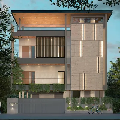 This facade design for a modern residence plays with texture and light. The combination of travertine marble, vertical green walls, and integrated LED lighting creates a dynamic and sophisticated exterior that changes character from day to night.