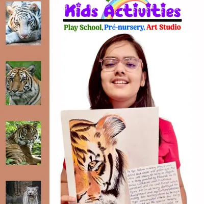 We encourage creativity and innovation from beginners to advanced levels. This talented student proudly displays her detailed tiger drawing, a result of our coaching program that builds essential life skills through art.