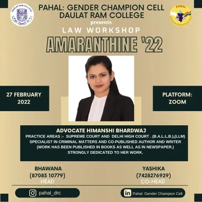 It was an honor to be invited by the Gender Champion Cell of Daulat Ram College to conduct a law workshop. I am passionate about mentoring aspiring lawyers and breaking down the complexities of the legal field for students.
