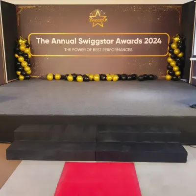 The main stage setup for the Annual Swiggstar Awards 2024. I was honored to design the backdrop and stage decor for this important corporate event celebrating Swiggy's top performers.