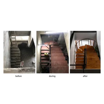 This series shows the transformation of a staircase, from a bulky concrete structure to a light, sculptural element. The final design with open risers allows light to penetrate deep into the home.