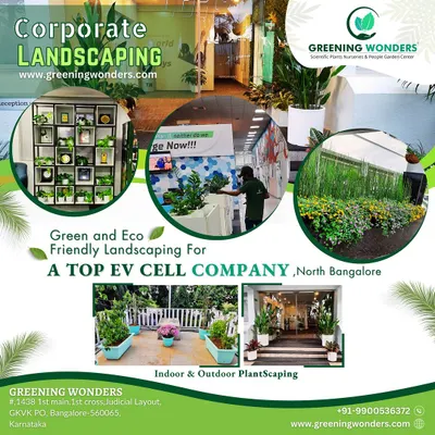 Our corporate landscaping services help businesses create healthier and more productive workspaces. For this EV company, we designed and installed indoor plant displays for the reception, green dividers for office floors, and serene outdoor seating areas.
