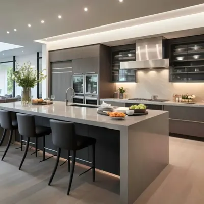 A luxury kitchen featuring a large waterfall island with a breakfast bar. The design uses handleless dark grey cabinets, integrated high-end appliances, and sophisticated overhead lighting for a sleek, professional-grade cooking space.