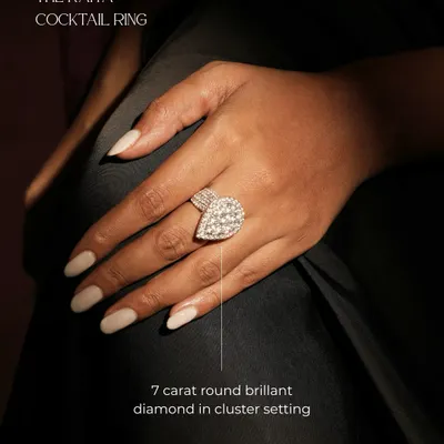The Raiya Cocktail Ring, worn to showcase its impressive scale and brilliance. The 7-carat round brilliant diamond cluster is designed to steal every moment.