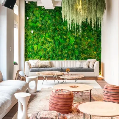 This preserved moss wall, accented with hanging foliage, creates a stunning feature in a modern office reception. It brings the texture and color of nature indoors without requiring sunlight or watering.