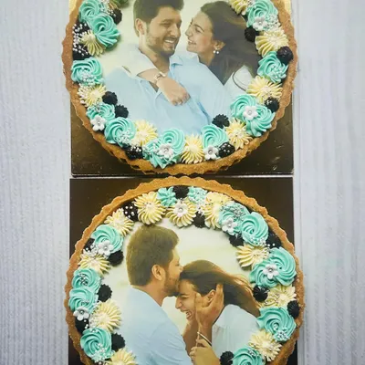 A sweet story of love, told through two matching photo tarts. Each tart features a different cherished moment, beautifully framed with hand-piped buttercream, making for a truly personal anniversary gift.