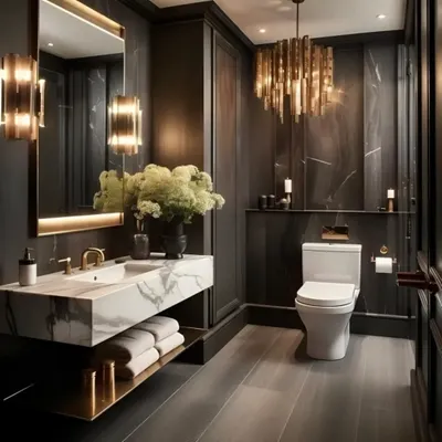 This powder room exudes opulence with its dark, moody theme. Key features include a dramatic chandelier, a floating marble vanity, and elegant wall sconces that create a sophisticated and memorable guest experience.