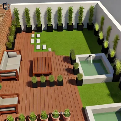 An overhead view of a terrace design, showcasing a well-planned layout with a wooden deck, a small water feature, and strategically placed planters. This design maximizes the use of space for both relaxation and greenery.