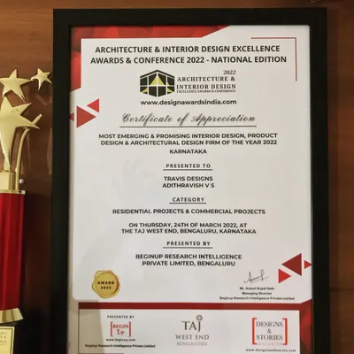 I was honored to be awarded the 'Most Emerging & Promising Interior Design, Product Design & Architectural Design Firm of the Year 2022' for Karnataka. This milestone was made possible by my wonderful clients and their belief in my vision.
