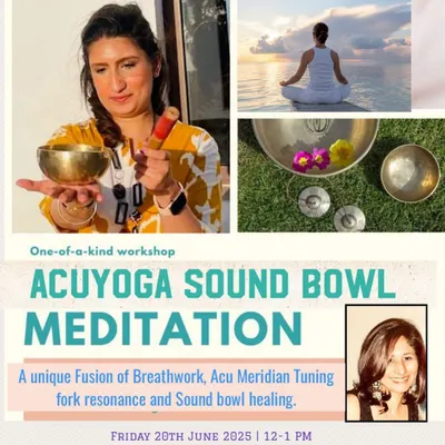 An announcement for a special Yoga Day workshop. This event was a unique fusion of Breathwork, Acu Meridian Tuning Fork resonance, and Sound Bowl healing, offering a one-of-a-kind experience.