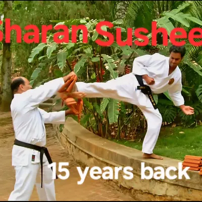 This photo was taken 15 years ago, showing one of my senior students, Sharan Susheel, executing a powerful side-kick to break a stack of tiles. This demonstrates the practical power of our techniques.