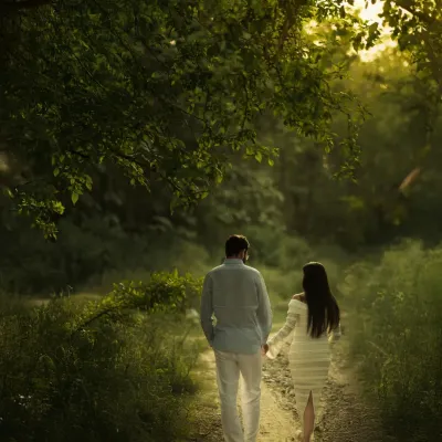 Walking together into a new chapter, hand in hand. This shot, taken on a rustic path surrounded by lush greenery, captures the journey of partnership with the golden sun filtering through the trees, symbolizing a bright future.